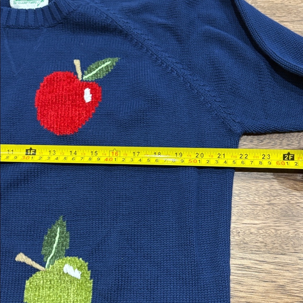 Quacker Factory Blue Sweater with Red & Green Apples. soft. Medium - Picture 3 of 6